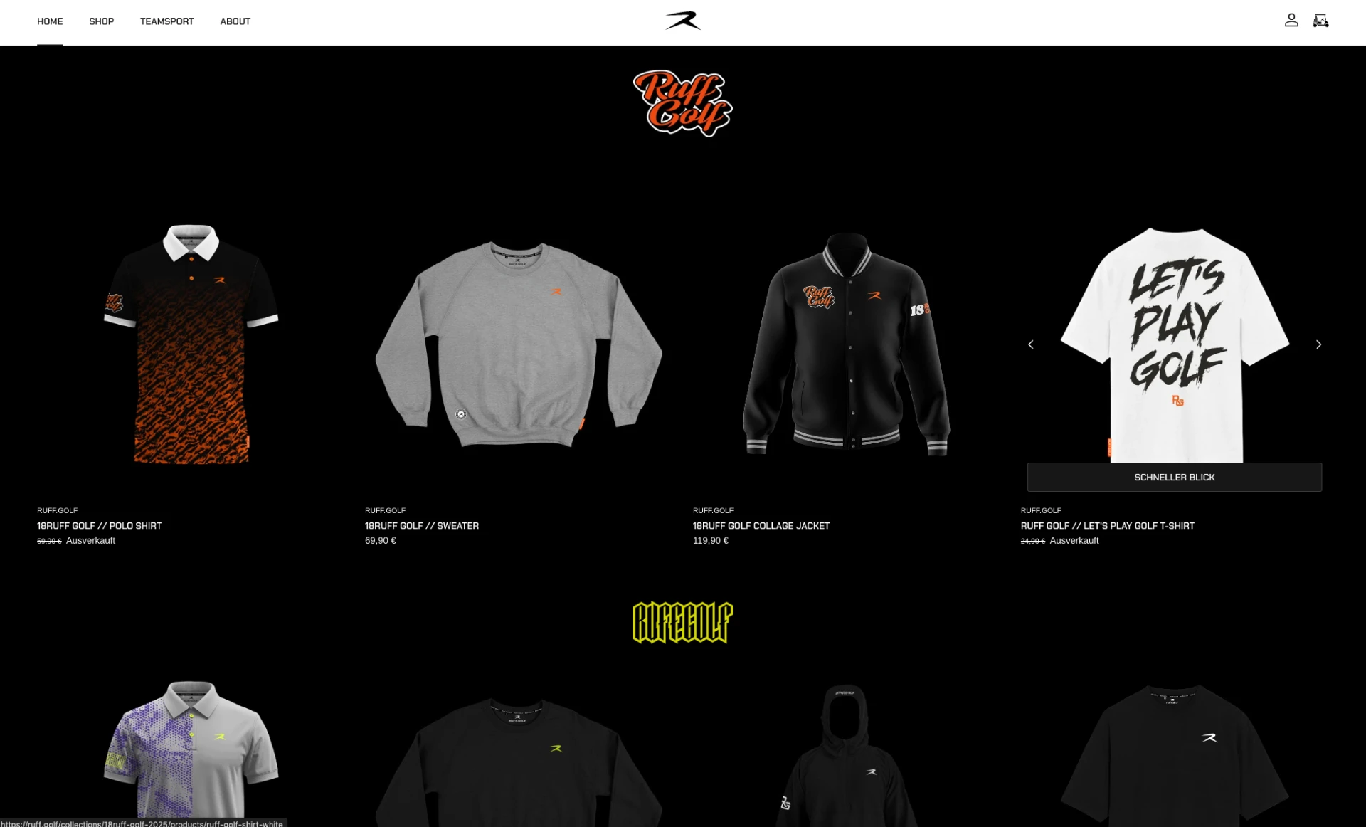 Screenshot des RUFF.GOLF Shopify-Stores mit Produktübersicht