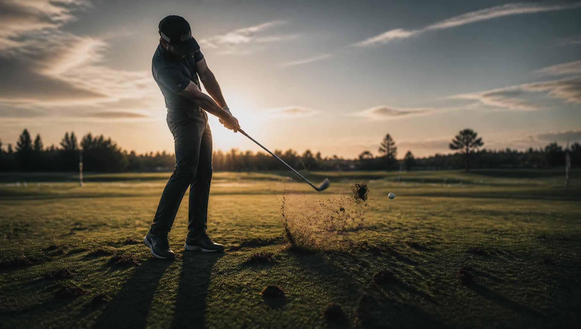 Golfer beim Abschlag auf der Driving Range mit vielen Divots im Boden